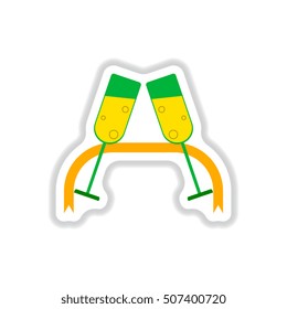 Vector illustration in paper sticker style New Year Celebration two glasses of champagne