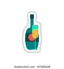 Vector illustration in paper sticker style Champagne bottle with glass