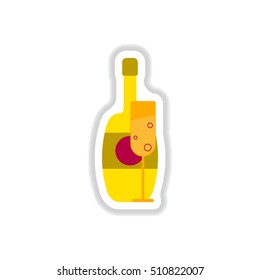 Vector illustration in paper sticker style Champagne bottle with glass