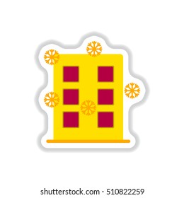 Vector illustration in paper sticker style building and snow