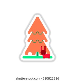 Vector illustration in paper sticker style christmas tree and rabbit