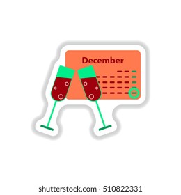 Vector illustration in paper sticker style christmas calendar and two glasses of champagne