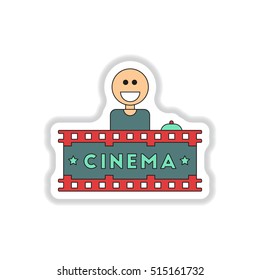 Vector illustration in paper sticker style Seller sells tickets to cinema
