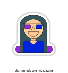 Vector illustration in paper sticker style girl at the Cinema theater in 3D glasses