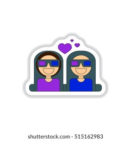 Vector illustration in paper sticker style girls at the Cinema theater in 3D glasses