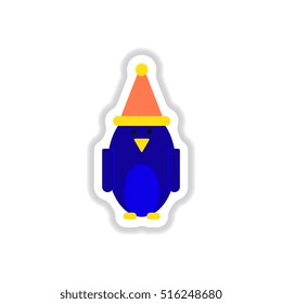 Vector illustration in paper sticker style Penguin in winter hat