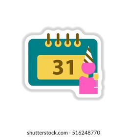 Vector illustration in paper sticker style christmas calendar 31st of december and man silhouette with wine glass