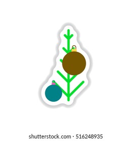 Vector illustration in paper sticker style christmas tree decorated with balls