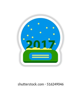 Vector illustration in paper sticker style Merry christmas glass ball with new 2017 year