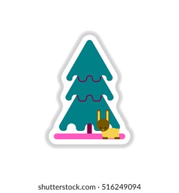 Vector illustration in paper sticker style christmas tree and rabbit