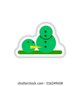 Vector illustration in paper sticker style Snowman head on ground