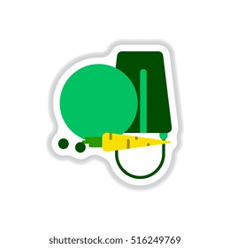 Vector illustration in paper sticker style Snowman head with carrot and bucket