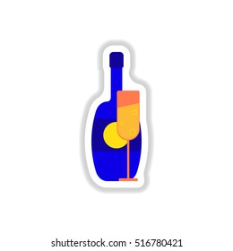Vector illustration in paper sticker style Champagne bottle with glass