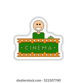 Vector illustration in paper sticker style Seller sells tickets to cinema