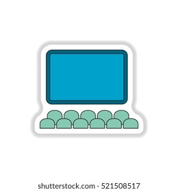 Vector illustration in paper sticker style Cinema auditorium with movie screen and seats