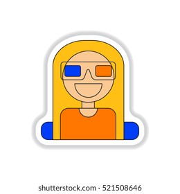 Vector illustration in paper sticker style girl at the Cinema theater in 3D glasses