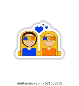 Vector illustration in paper sticker style girls at the Cinema theater in 3D glasses