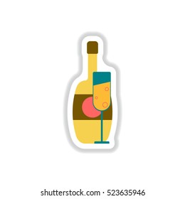 Vector illustration in paper sticker style Champagne bottle with glass