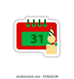 Vector illustration in paper sticker style christmas calendar 31st of december and man silhouette with wine glass