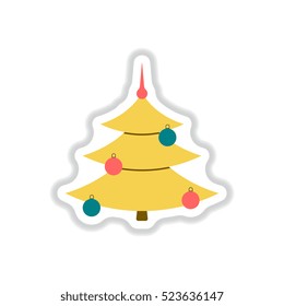 Vector illustration in paper sticker style christmas tree decorated with balls