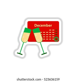 Vector illustration in paper sticker style christmas calendar and two glasses of champagne