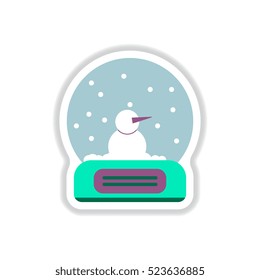 Vector illustration in paper sticker style Merry christmas glass ball with snowman