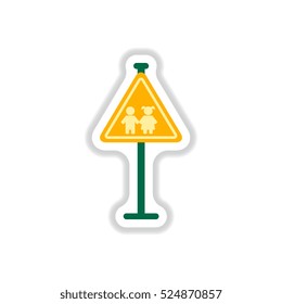 Vector illustration in paper sticker style School warning road sign