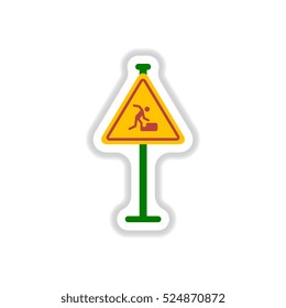 Vector illustration in paper sticker style warning falling on the stairs road sign