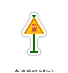 Vector illustration in paper sticker style tram traffic sign