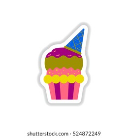 Vector illustration in paper sticker style party cupcake