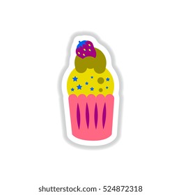 Vector illustration in paper sticker style strawberry cupcake