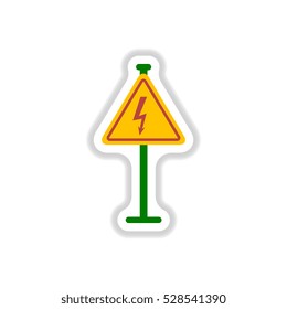 Vector illustration in paper sticker style Danger high voltage road sign