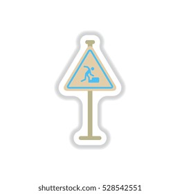 Vector illustration in paper sticker style warning falling on the stairs road sign