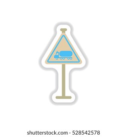 Vector illustration in paper sticker style warning road sign gasoline tank truck
