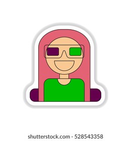 Vector illustration in paper sticker style girl at the Cinema theater in 3D glasses