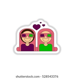 Vector illustration in paper sticker style girls at the Cinema theater in 3D glasses