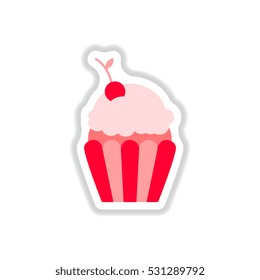 ?upcake Vector illustration in paper sticker style cherry cupcake