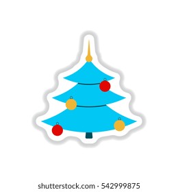 Vector illustration in paper sticker style christmas tree decorated with balls