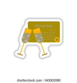 Vector illustration in paper sticker style christmas calendar and two glasses of champagne