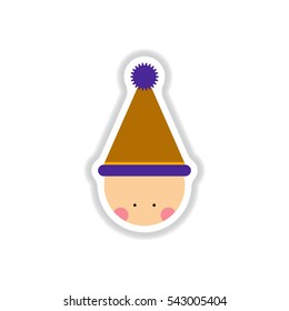 Vector illustration in paper sticker style kid wearing Santa hat