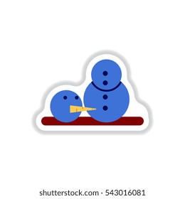 Vector illustration in paper sticker style Snowman head on ground
