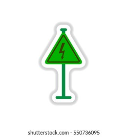 Vector illustration in paper sticker style Danger high voltage road sign