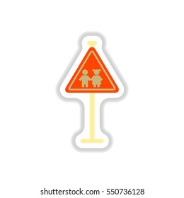 Vector illustration in paper sticker style School warning road sign
