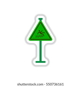 Vector illustration in paper sticker style Traffic sign Caution danger of falling into the water