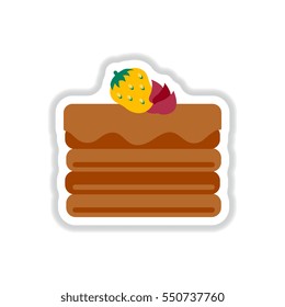 Vector illustration in paper sticker style delicious chocolate strawberry cake