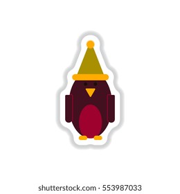 Vector illustration in paper sticker style Penguin in winter hat