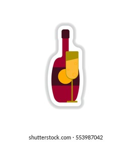 Vector illustration in paper sticker style Champagne bottle with glass