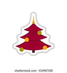 Vector illustration in paper sticker style christmas tree decorated with balls