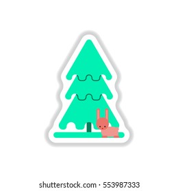 Vector illustration in paper sticker style christmas tree and rabbit