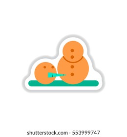 Vector illustration in paper sticker style Snowman head on ground